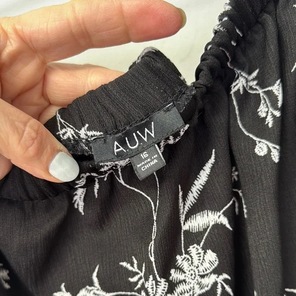 AUW Off Shoulder Capri Jumpsuit Floral Wide Leg Lined Black White 16 Flowy - Picture 2 of 13